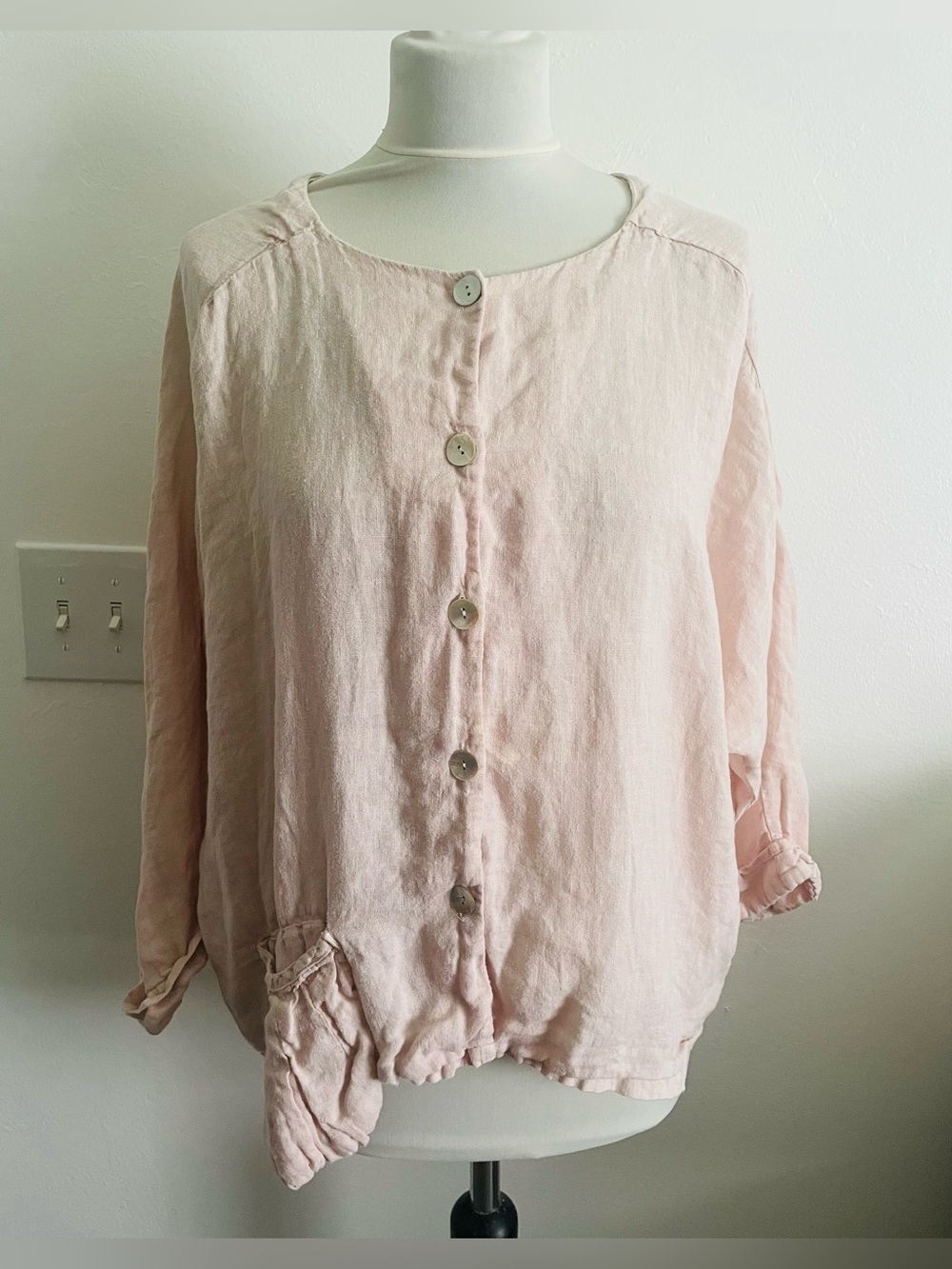 Belle France Women Top Blouse Button Down L Pastel Pink 100% Linen Made In Italy